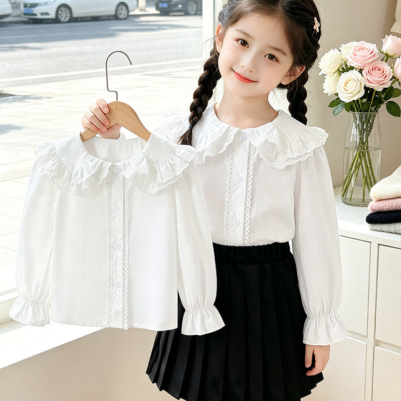 Mädchen Bluse mit voluminösem Spitzenkragen und Rüschendetails Drune