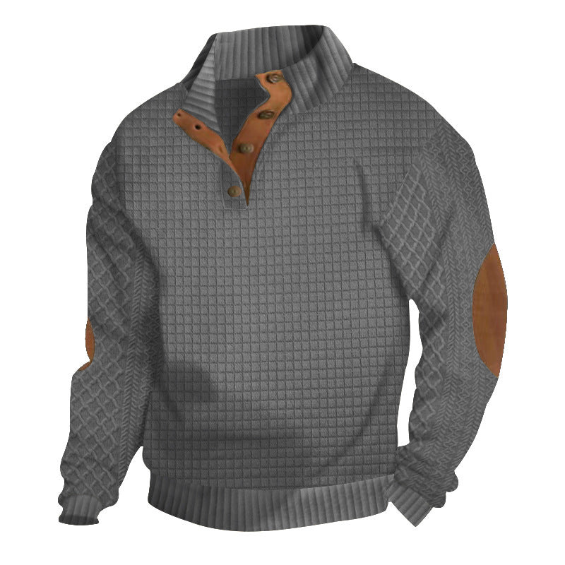 Herren Waffelstrick-Halbzip-Pullover mit Stehkragen Lederbesatz und Ellbogenpatches Drune