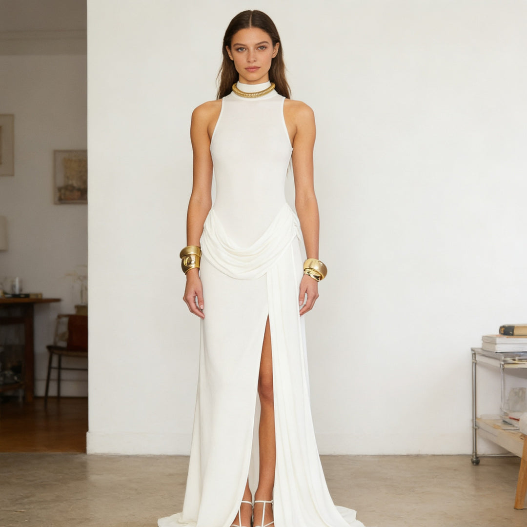 Damen Elegantes Maxikleid mit hoher Beinschlitze und raffinierter Drapierung Drune