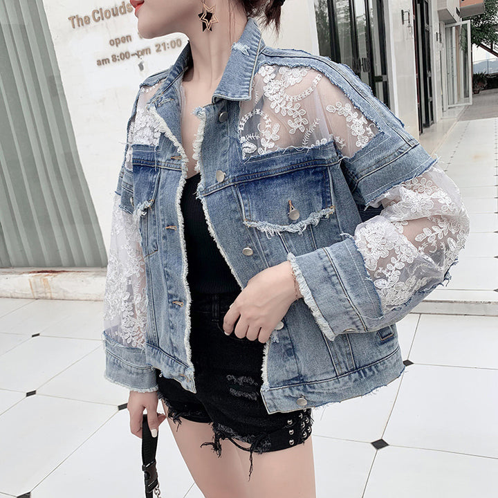 Damen Denimjacke mit transparenter Spitzenverzierung Drune