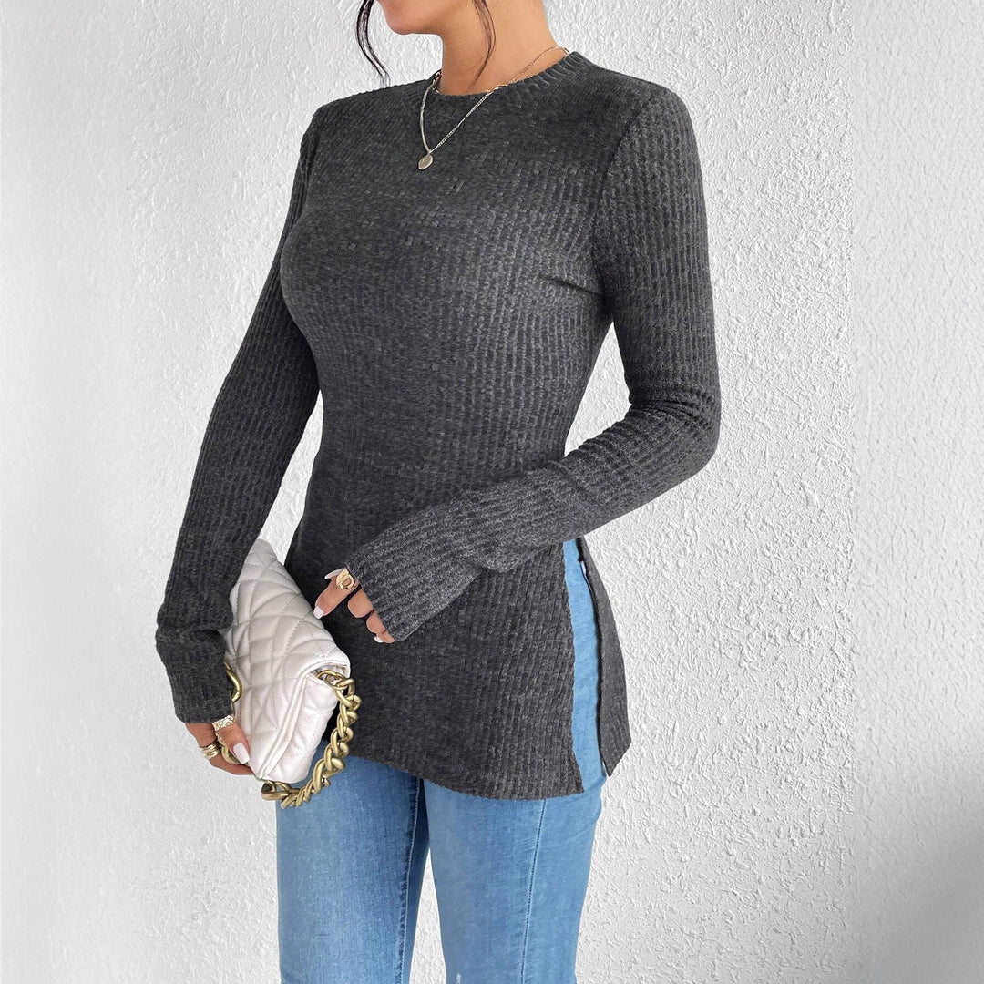 Damen Rippstrick-Langarmshirt mit Seitenschlitz und figurbetontem Schnitt Drune