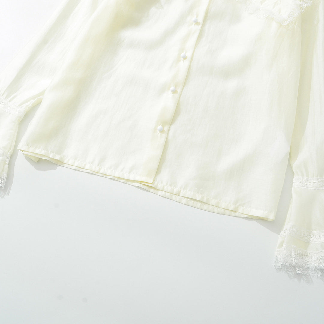 Damen Bluse mit großem Spitzenkragen und gestuften Trompetenärmeln Drune