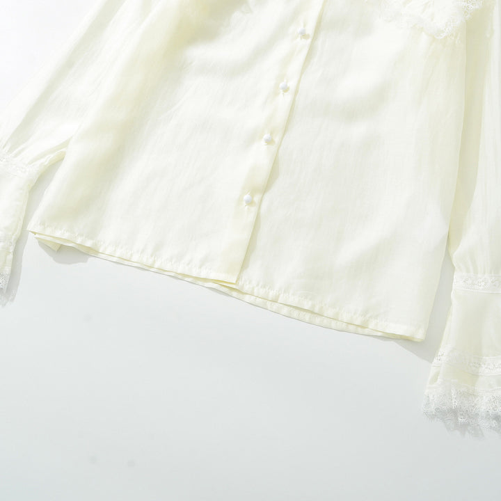 Damen Bluse mit großem Spitzenkragen und gestuften Trompetenärmeln Drune