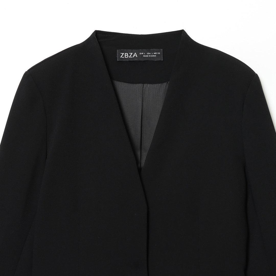 Damen nan kragenloser Longblazer mit offenem Vorderteil, Pattentaschen und leichtem Stretch Drune