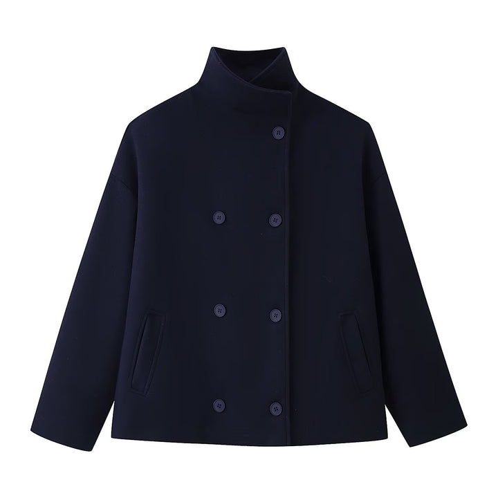 Damen modische Wolljacke mit hohem Kragen und doppelter Knopfleiste Drune