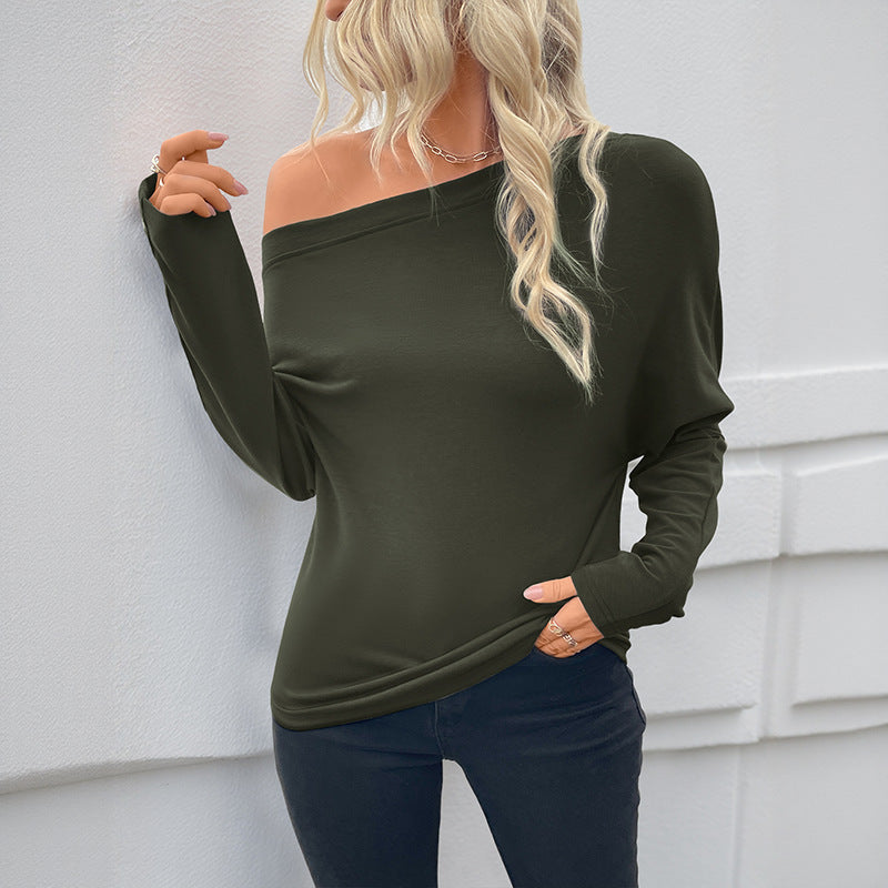 Damen Oversized schulterfreies Langarmshirt mit Fledermausärmeln und Knopfmanschetten Drune