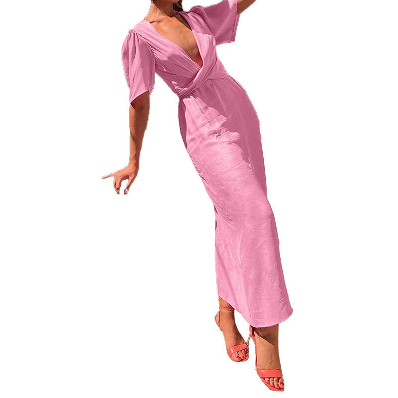 Damen Maxikleid mit tiefem V-Ausschnitt und Puffärmeln Drune