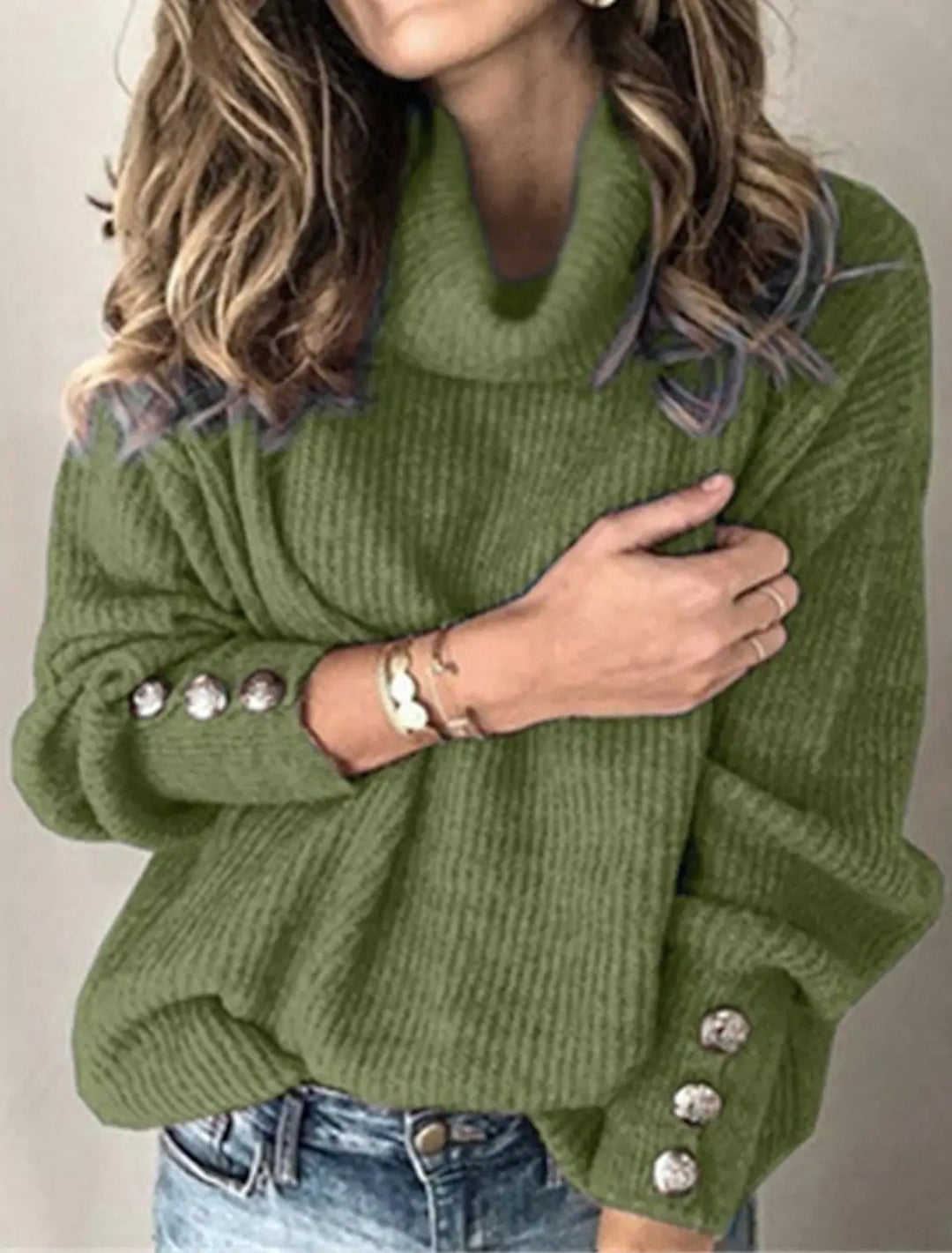 Damen Oversize-Rollkragenpullover mit Strukturstrick und Zierknöpfen Drune