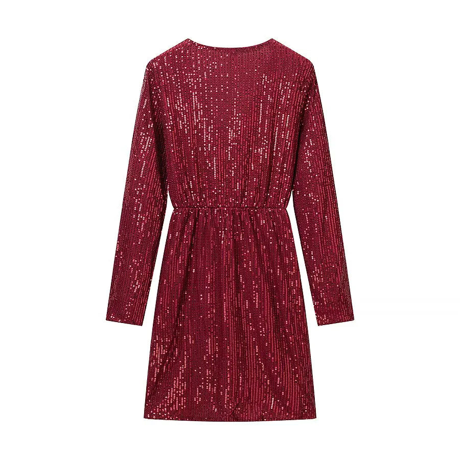 Damen nan Wickel-Minikleid mit Paillettenbesatz, tiefem V‑Ausschnitt und taillierendem Bindegürtel Drune