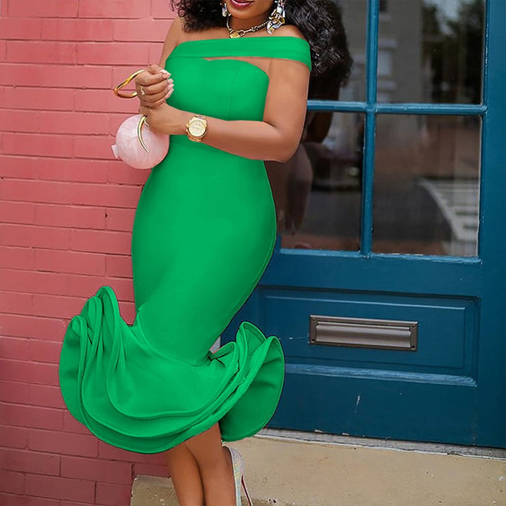 Damen figurbetontes Mermaid-Kleid mit schulterfreiem Design und wogendem Saum Drune