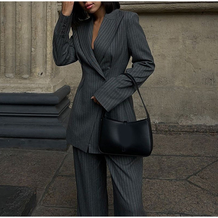 Damen elegantes Zweiteiler-Anzug-Set mit doppelter Knopfverschluss und weitem Bein Drune