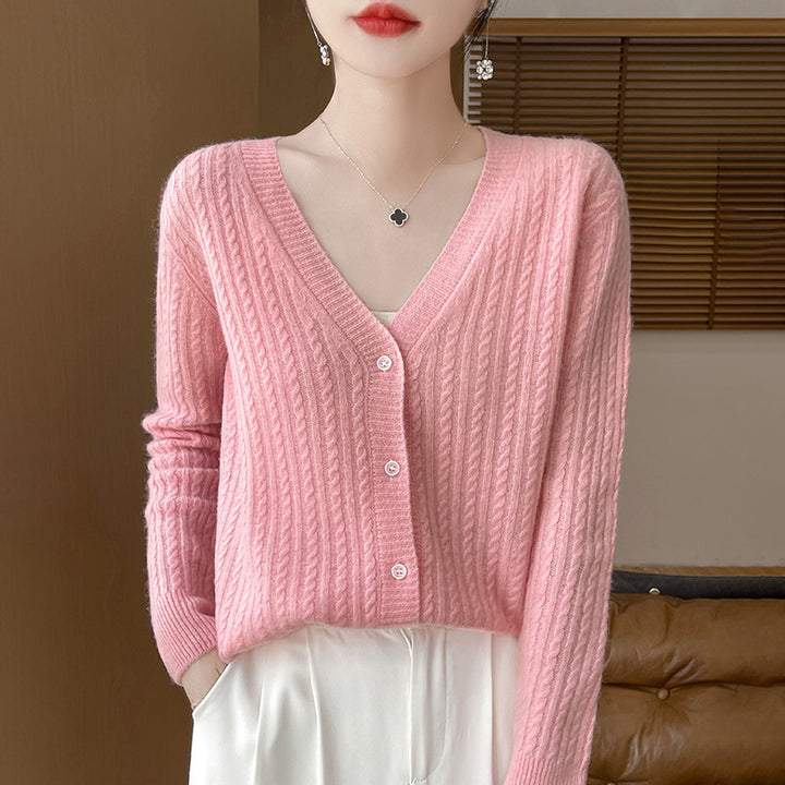 Damen Kurzgeschnittener Feinstrick-Cardigan mit V‑Ausschnitt, feiner Rippenstruktur und Perlmuttknöpfen Drune