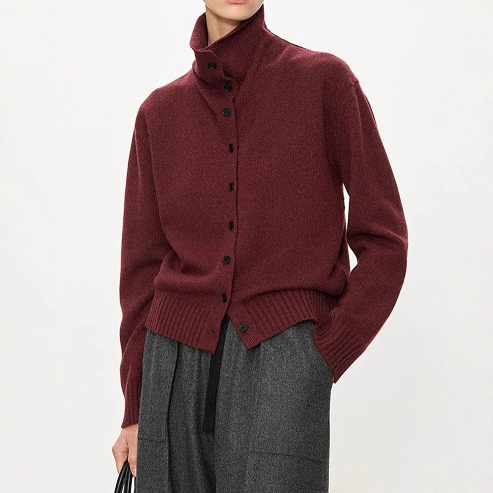 Damen modischer Strickcardigan mit hohem Kragen und Knopfleiste Drune