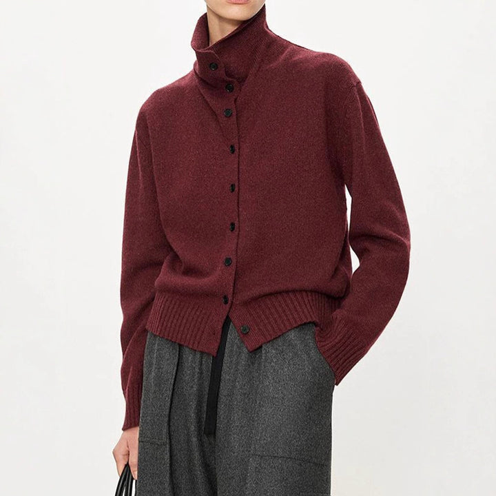 Damen modischer Strickcardigan mit hohem Kragen und Knopfleiste Drune