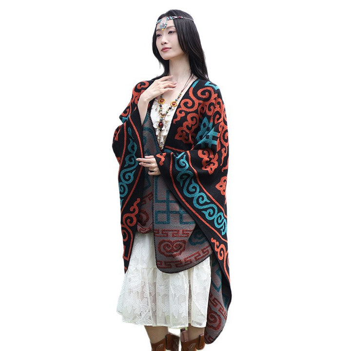Damen Oversize-Jacquard-Umhang mit ethno-inspiriertem Ornamentmuster Drune