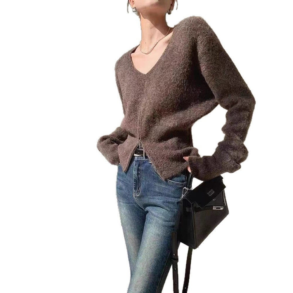Damen Modische Strickjacke mit tiefem V-Ausschnitt und Reißverschluss Drune