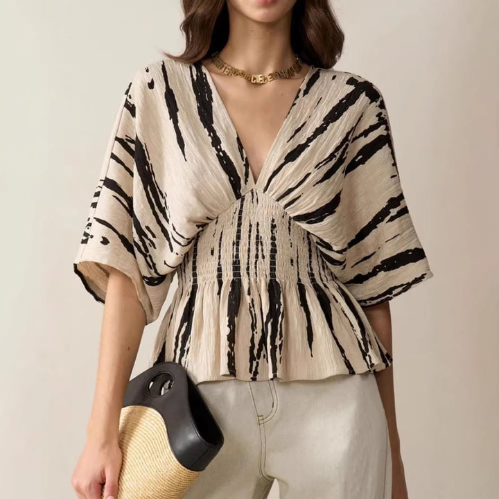 Damen lässige Bluse mit tiefem V-Ausschnitt und Raffung Drune