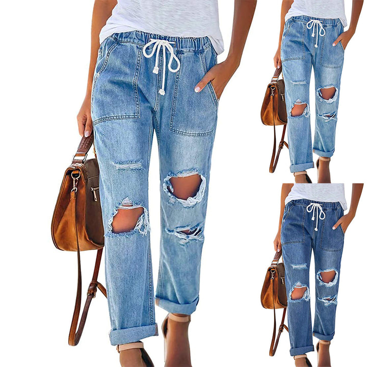 Damen nan lässige Destroyed-Denim-Jogger mit elastischem Kordelbund und aufgesetzten Fronttaschen Drune