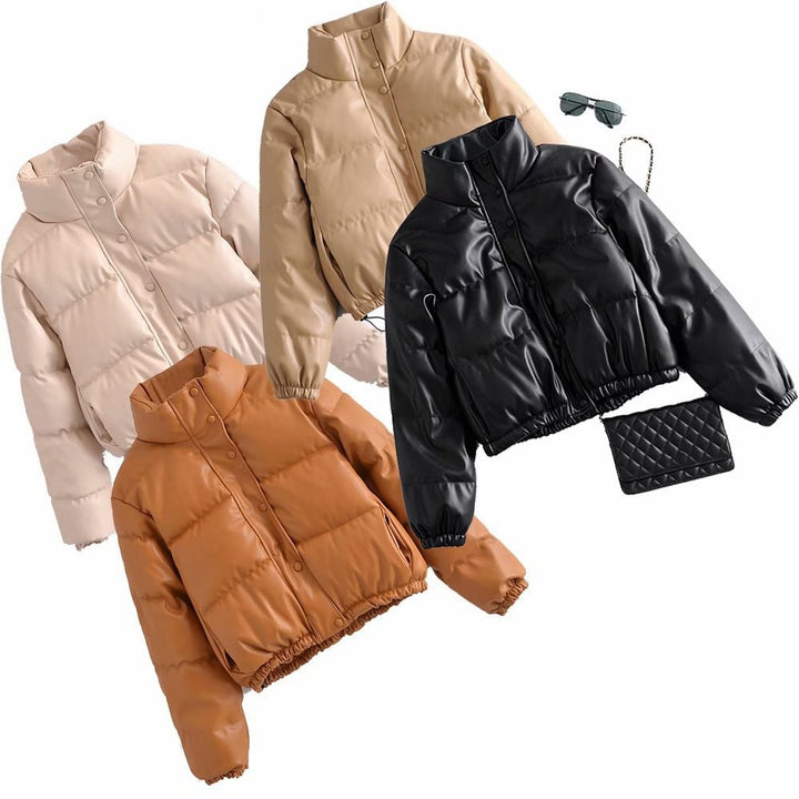 Damen nan kurze gesteppte Kunstleder-Steppjacke mit hohem Stehkragen, Druckknopf-Leiste und verstellbarem Kordelzugsaum Drune