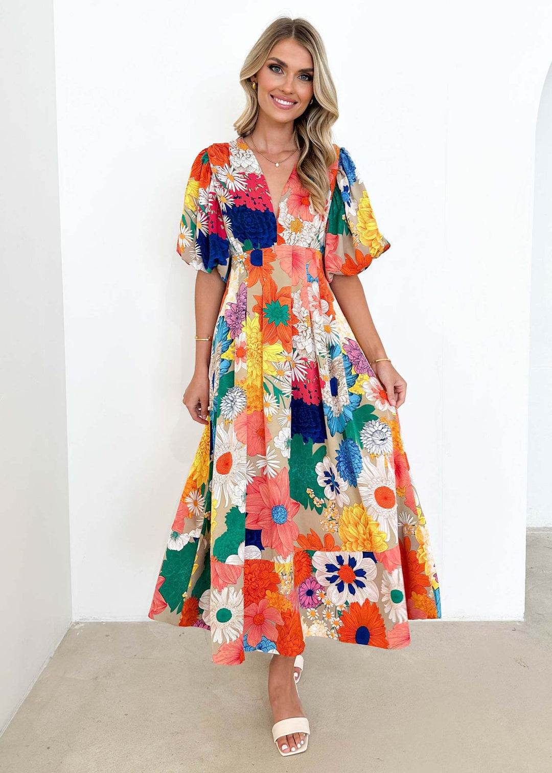 Damen Maxikleid mit voluminösen Puffärmeln und floralem Druck Drune