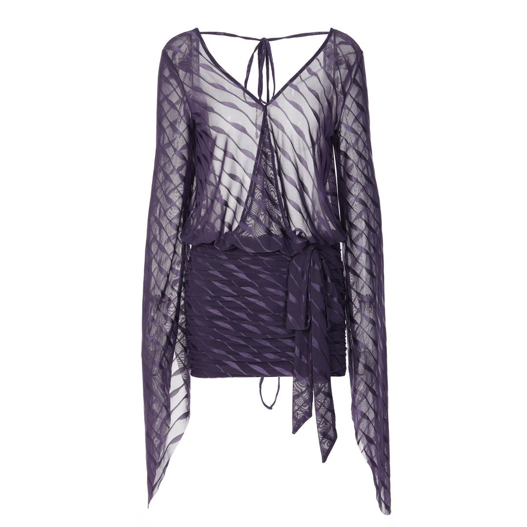 Damen Exklusives Minikleid mit tiefem V-Ausschnitt und fließenden Ärmeln Drune