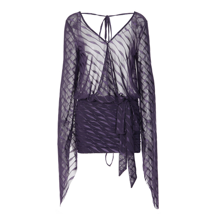 Damen Exklusives Minikleid mit tiefem V-Ausschnitt und fließenden Ärmeln Drune