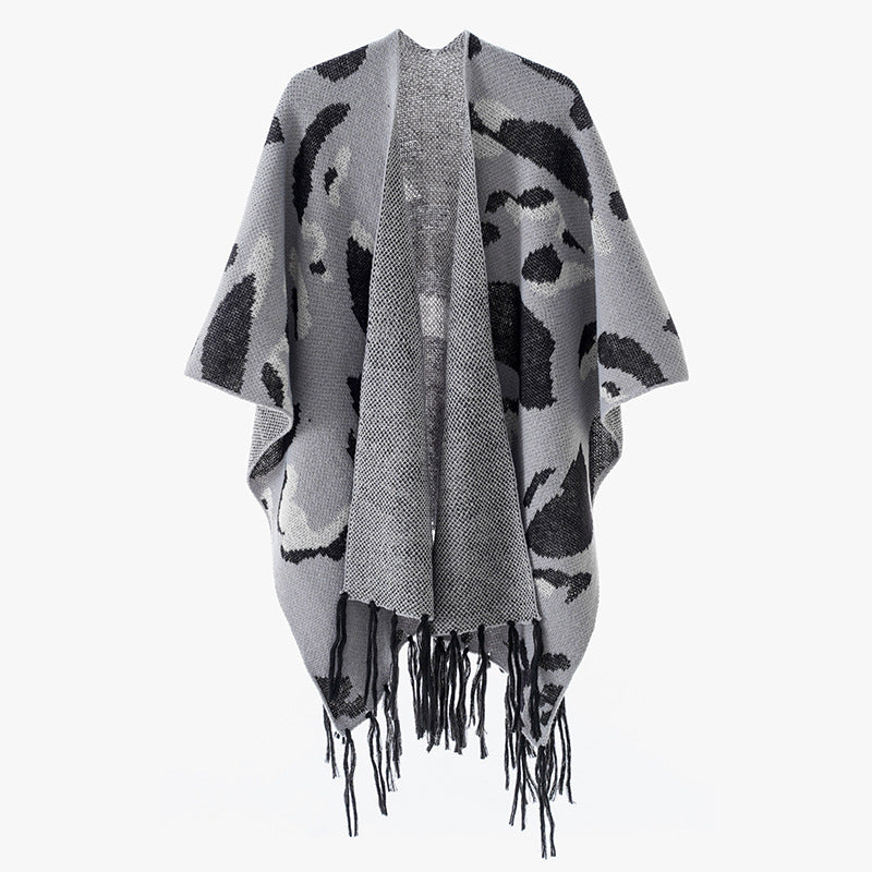 Damen Oversize-Strickponcho mit animalischem Jacquard und Fransensaum Drune