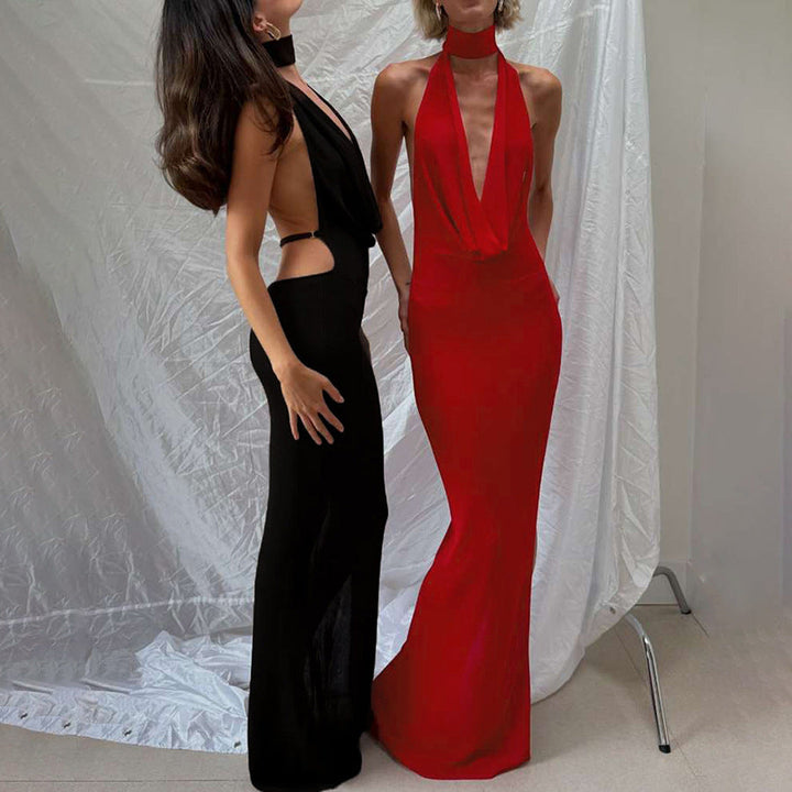 Damen Elegantes Maxikleid mit tiefem V-Ausschnitt und seitlichen Cut-Outs Drune