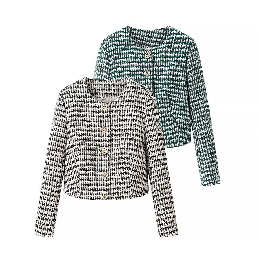 Damen nan kurzer Bouclé-Blazer im Cropped‑Stil mit Hahnentrittmuster, Rundhalsausschnitt und Zierknöpfen Drune
