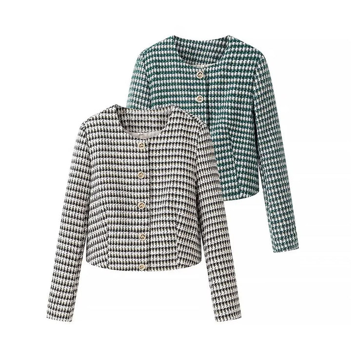 Damen nan kurzer Bouclé-Blazer im Cropped‑Stil mit Hahnentrittmuster, Rundhalsausschnitt und Zierknöpfen Drune