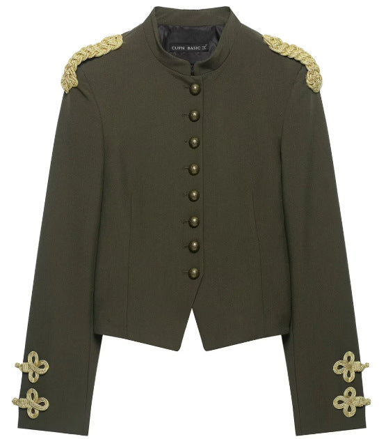 Damen Taillierter Cropped Militärblazer mit Stehkragen und goldverzierten Epauletten Drune