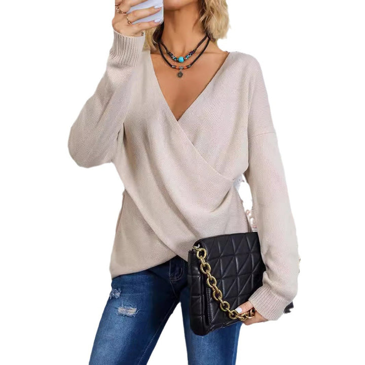 Damen Wickel-Strickpullover mit tiefem V-Ausschnitt und überschnittenen Ärmeln Drune