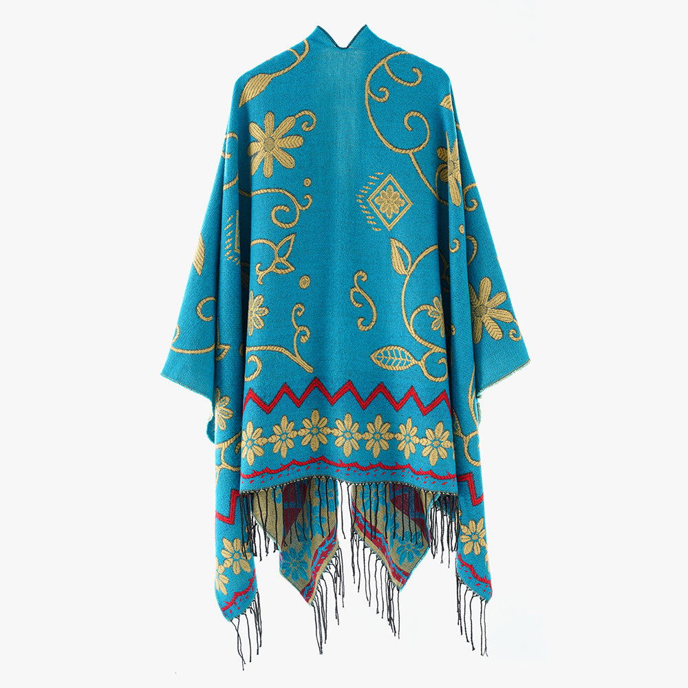 Damen Jacquard Überwurfcape aus feinem Strick mit Paisley-Bordüre Drune