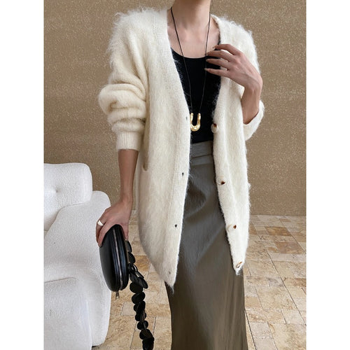 Damen kuschelige und lässige Strickjacke mit großen Knöpfen Drune
