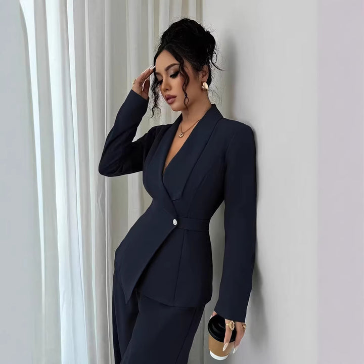 Damen nan taillierter Businessblazer mit Schalkragen, Gürtelbund und Ein-Knopf-Verschluss Drune