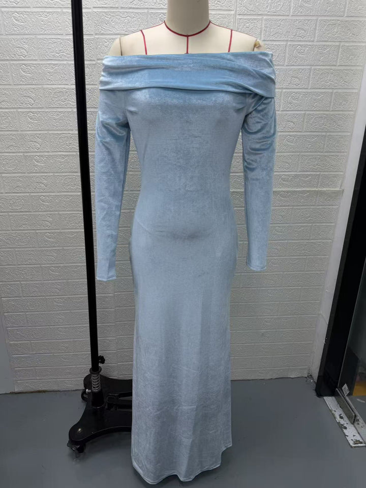 Damen Langes Samtabendkleid mit Carmenausschnitt und tiefem Rückenausschnitt Drune
