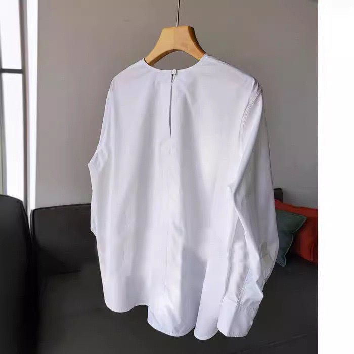 Damen Oversize-Bluse aus leichtem Baumwollmix mit weiten Ballonärmeln und verlängertem Rückensaum Drune