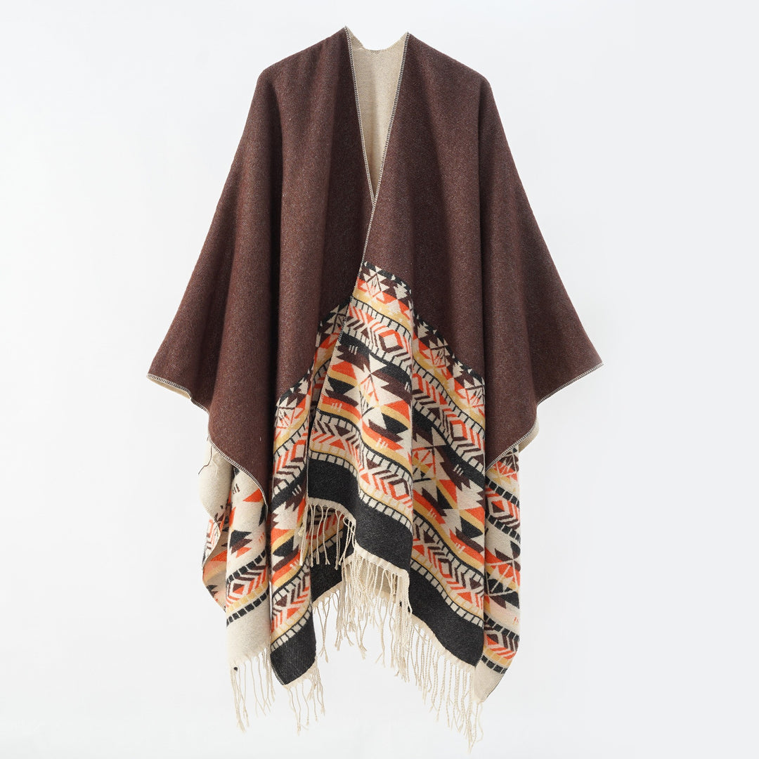 Damen Oversize-Wendepancho aus Wollmix mit Ethno-Jacquard und Fransensaum Drune