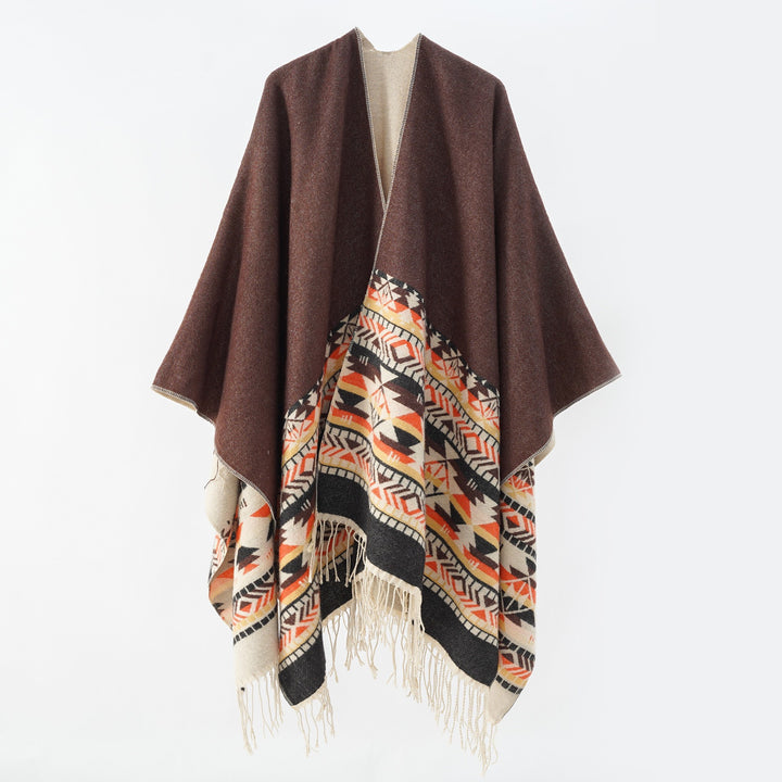 Damen Oversize-Wendepancho aus Wollmix mit Ethno-Jacquard und Fransensaum Drune