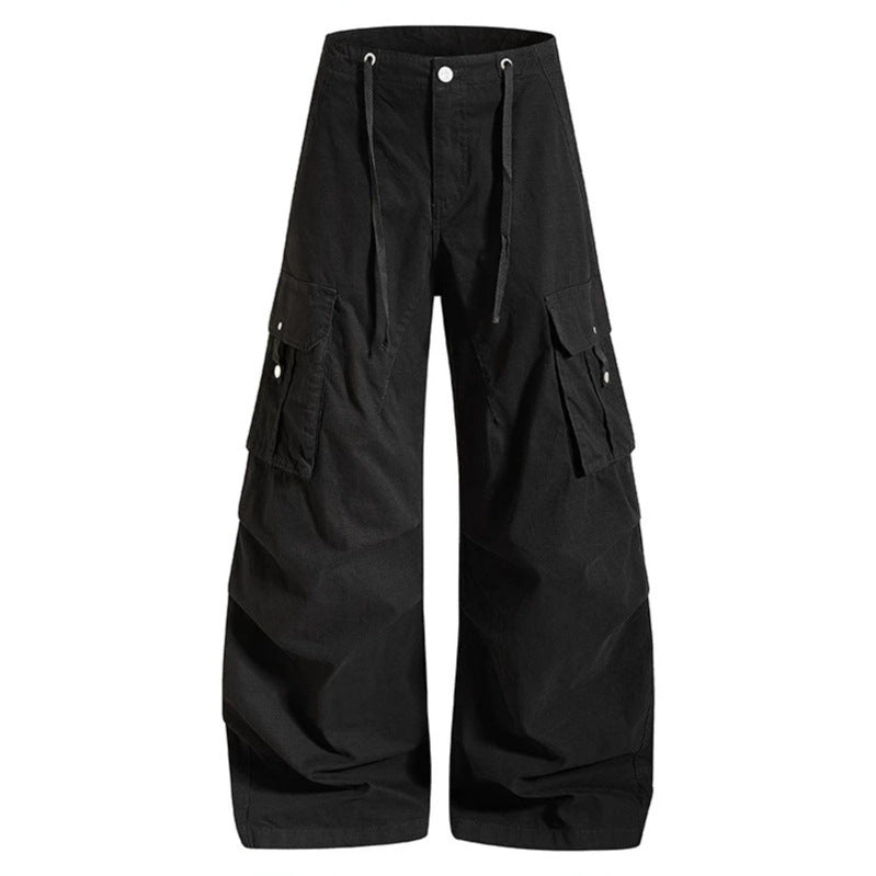 Damen weite High-Waist Cargo-Hose mit Tunnelzugbund und großen Klapptaschen Drune