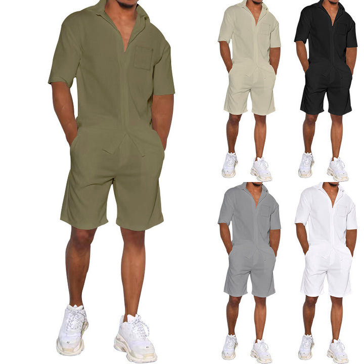 Herren nan legeres Resort-Zweiteiler mit offenem Kurzarm-Hemd, Brusttasche und elastischer Bermuda Drune