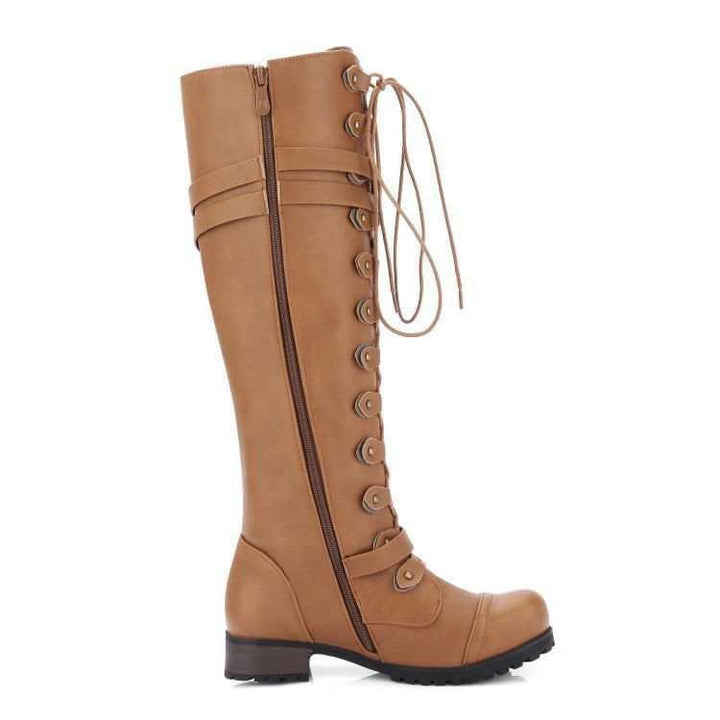 Damen nan kniehohe Schnürstiefel im Militär-Vintage Stil mit dekorativen Riemen und verstellbaren Schnallen Drune