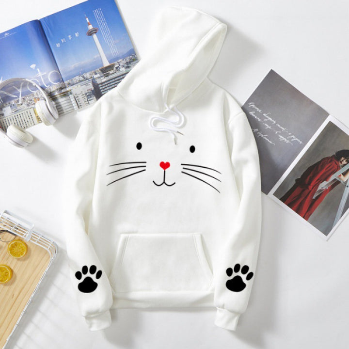 Damen nan Kapuzenpullover mit gedrucktem Katzenmotiv, Kängurutasche und Pfotenapplikationen Drune