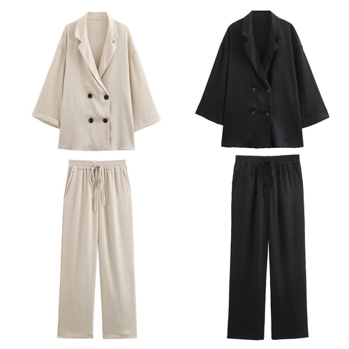 Damen Oversize Doppelreihiger Blazer mit Plissee‑Struktur und dreiviertelärmeln Drune