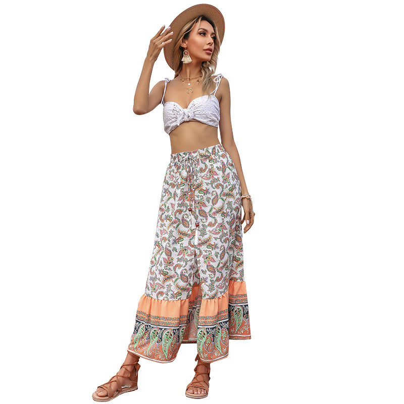 Damen Boho-Maxirock mit Paisley-Alloverprint, elastischem Taillenbund, Tunnelzug und Volantstufe Drune