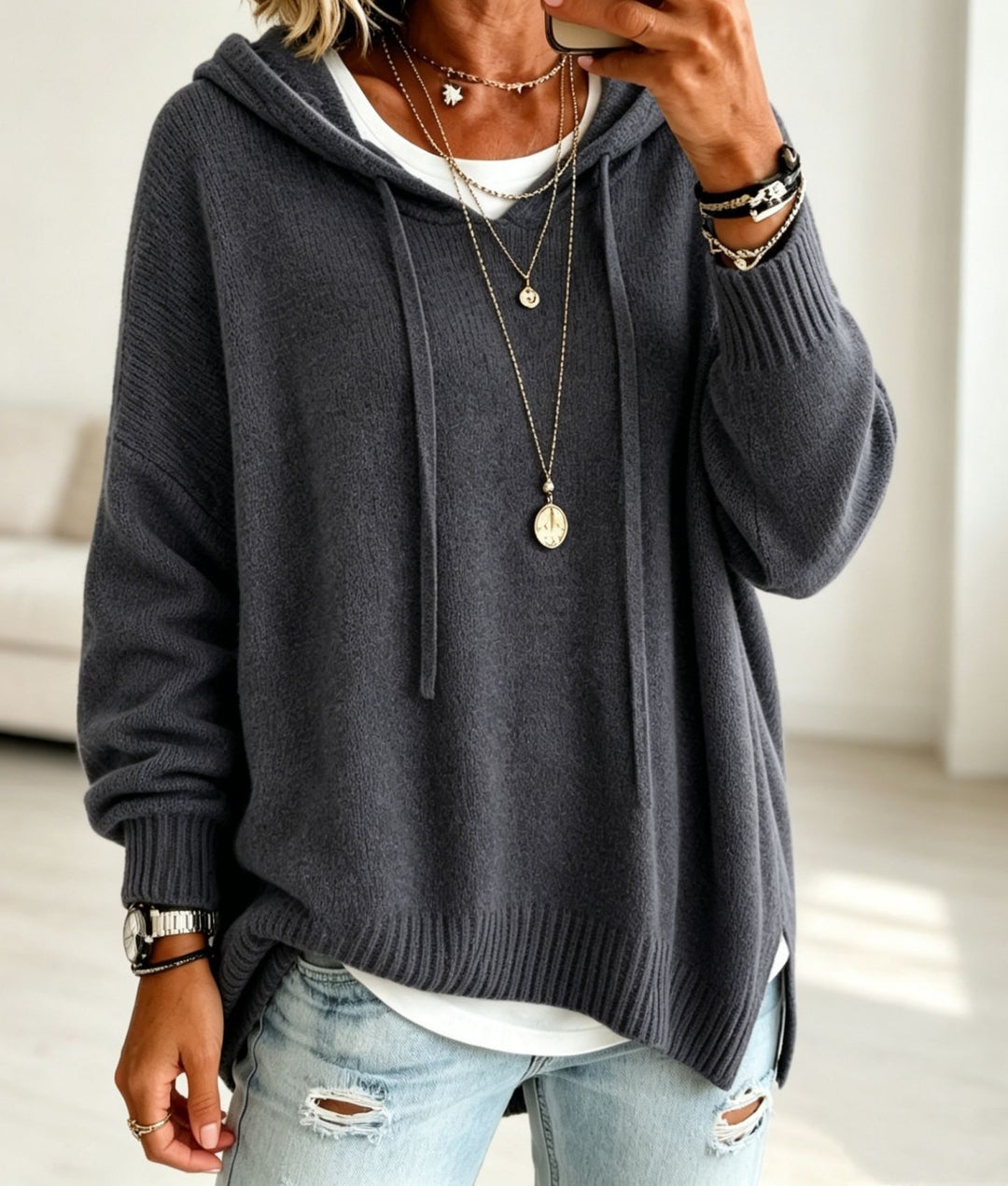 Damen Oversize-Kapuzensweater aus feinem Strick mit gerippten Bündchen Drune