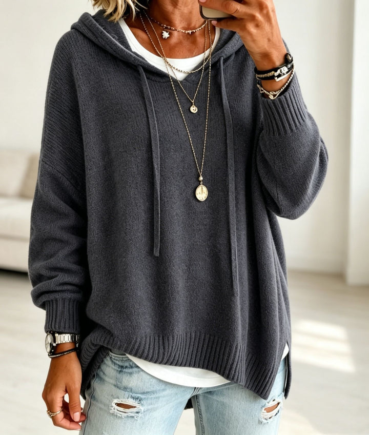 Damen Oversize-Kapuzensweater aus feinem Strick mit gerippten Bündchen Drune