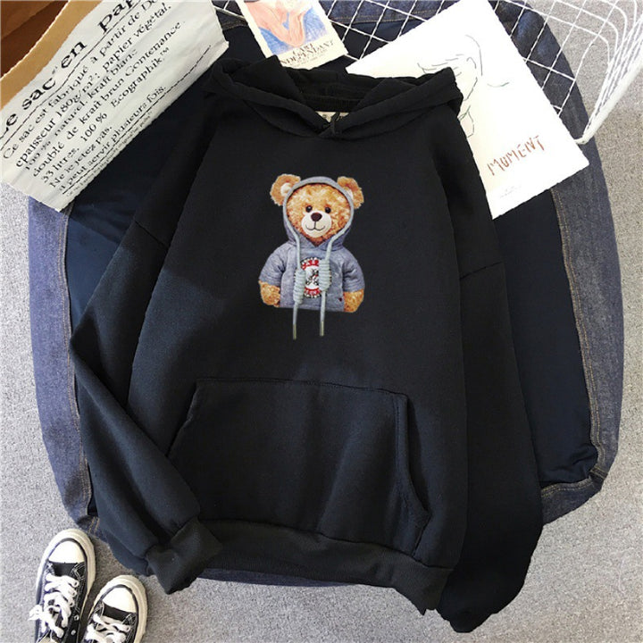 Unisex nan lässiger Oversize Kapuzenpullover mit Teddy-Frontprint, Kängurutasche und weichem Fleece-Innenfutter Drune