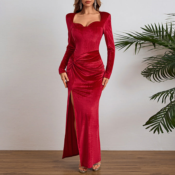 Damen elegantes langärmeliges Abendkleid mit hohem Schlitz und Rüschendetails Drune