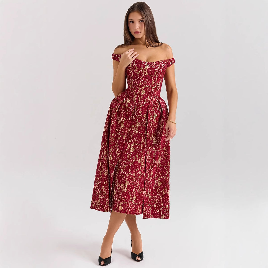 Damen Abendkleid mit schulterfreiem Design und exquisite Spitze Drune